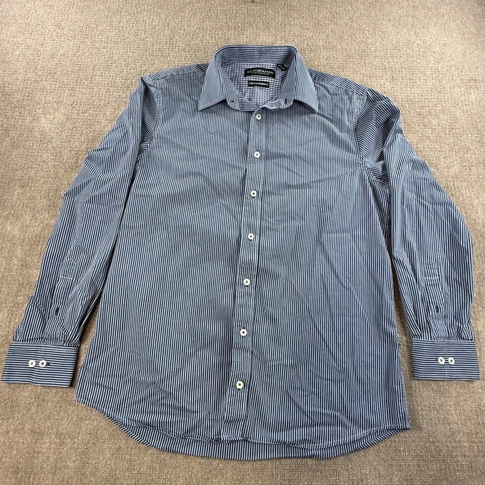 Nick Graham Mens‎ Blue White Striped Stretch Modern Fit Button Down Shirt Size L
